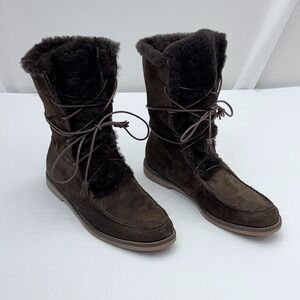 J. CREW Genuine Leather Suede Shearling Boots Womens 9 Tall Brown Lace Up Winter